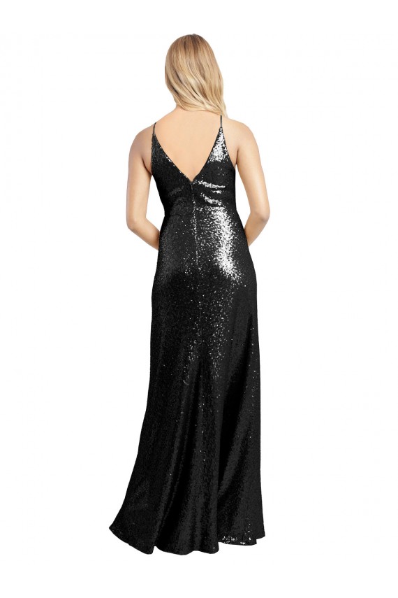Comprare Nero Linea A Sottili Scollatura a V Paillettes Lunga Formali Abiti da damigella donore / Abiti da sera / Abiti da ballo