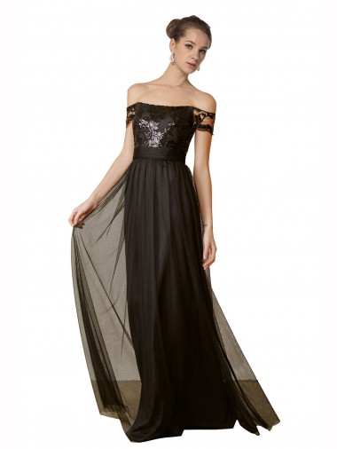 Comprare Nero Linea A Tulle Paillettes Lunga Abiti da damigella donore
