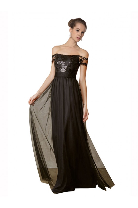 Comprare Nero Linea A Tulle Paillettes Lunga Abiti da damigella donore