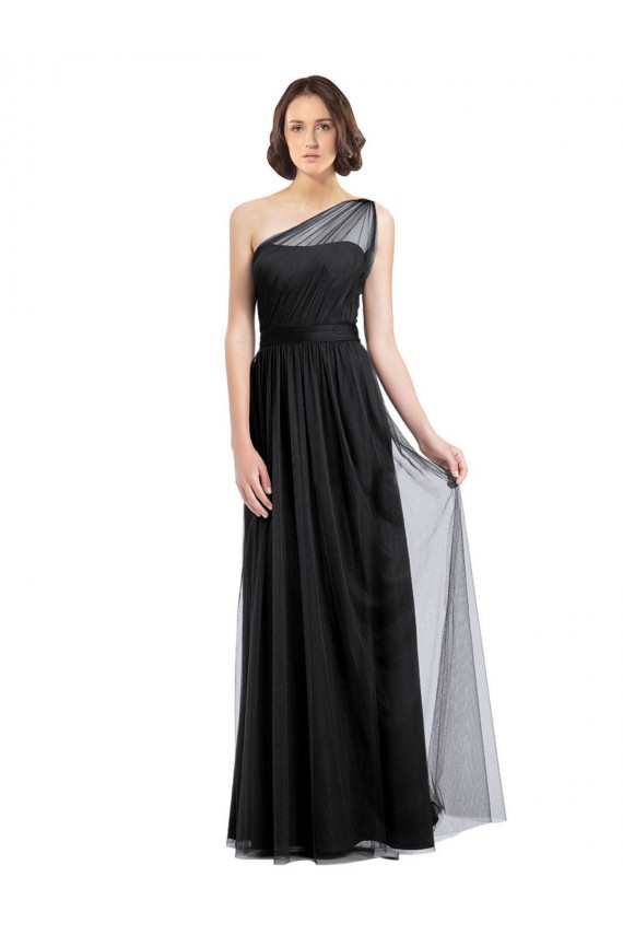 Comprare Nero Linea A Una spalla Tulle Lunga Abiti da damigella donore