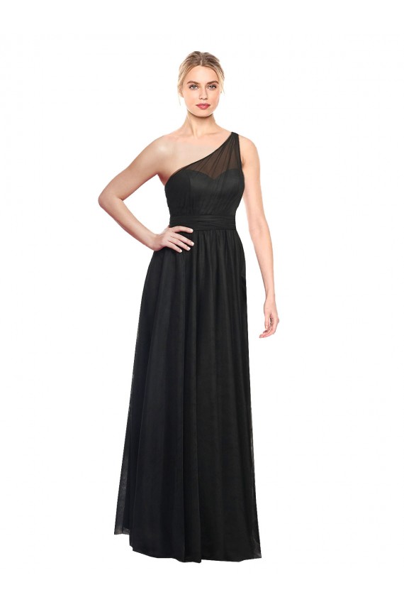 Comprare Nero Linea A Una spalla Tulle Lunga Abiti da damigella donore