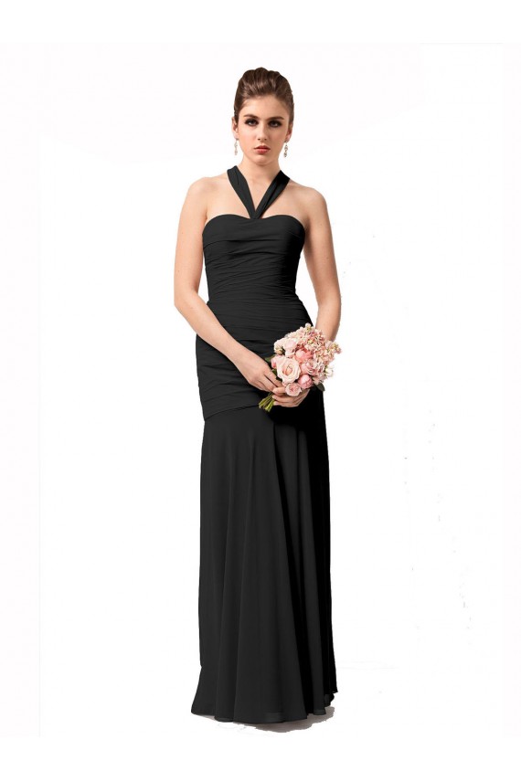 Comprare Nero Stile sirena Capestro Chiffona Lunga Abiti da damigella donore