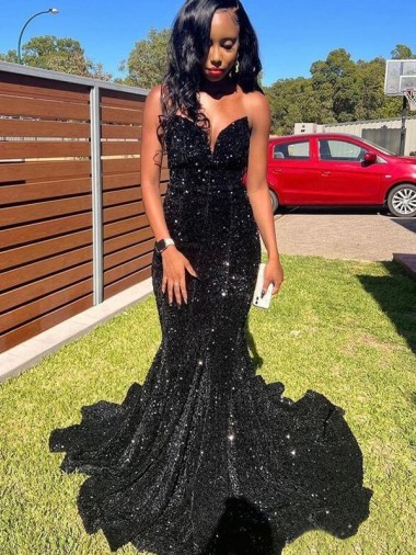 Comprare Nero Stile sirena Innamorato Paillettes Velluto Lunga Abiti da ballo