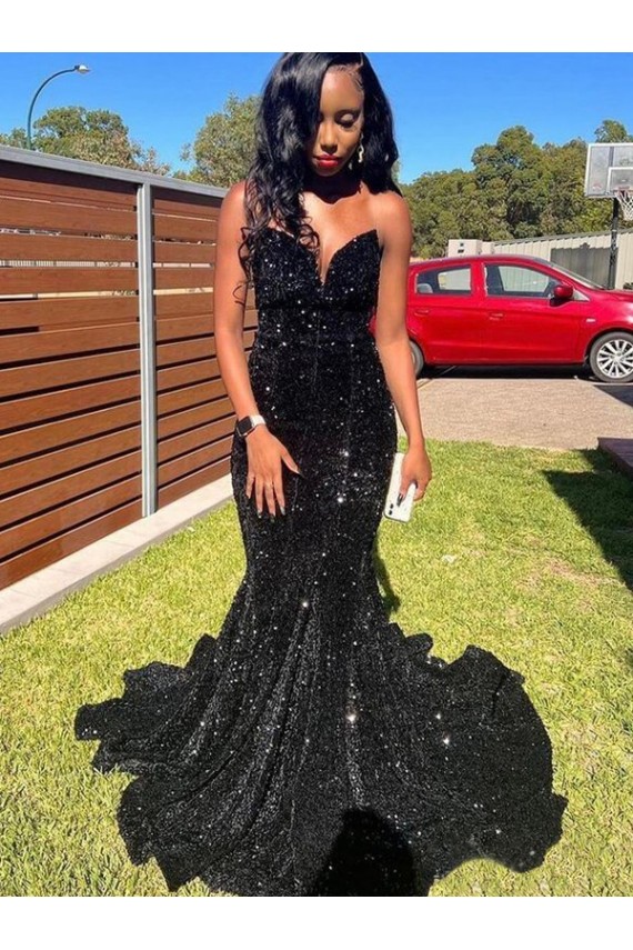 Comprare Nero Stile sirena Innamorato Paillettes Velluto Lunga Abiti da ballo