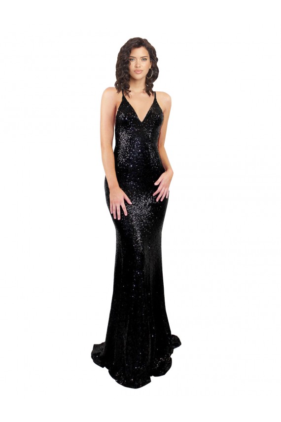 Comprare Nero Stile sirena Scollatura a V Paillettes Lunga Formali Abiti da damigella donore / Abiti da sera / Abiti da ballo