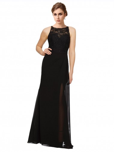 Comprare Nero Tubino Alto Collo Chiffona Pizzo Lunga Abiti da damigella donore