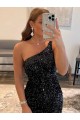 Comprare Nero Tubino Una spalla Corto Paillettes Velluto Corto Abiti da ballo