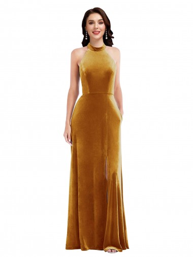 Comprare Oro Tromba Capestro Alto Collo Velluto Elastico Lunga Abiti da damigella donore / Abiti da ballo