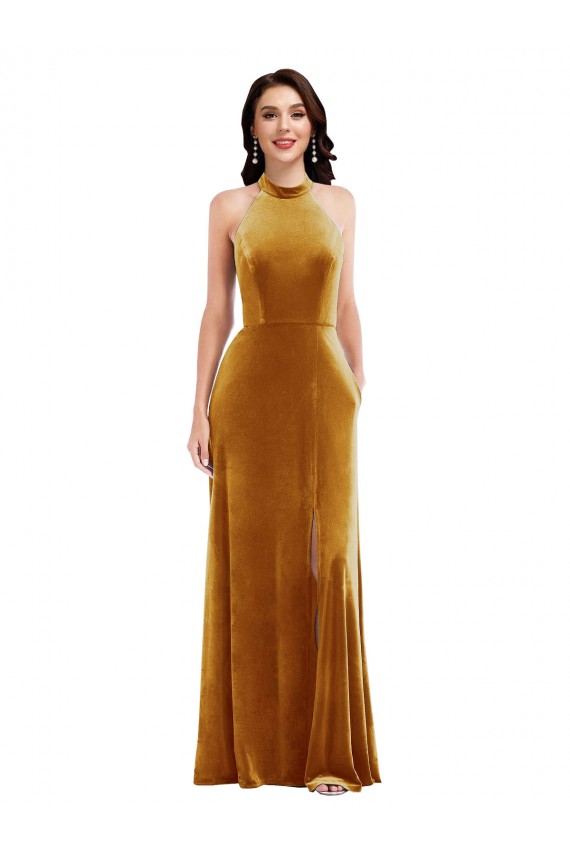 Comprare Oro Tromba Capestro Alto Collo Velluto Elastico Lunga Abiti da damigella donore / Abiti da ballo
