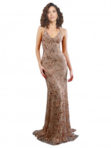 Comprare Oro rosa Stile sirena Alto Collo Crespo Elastico Paillettes Tulle Lunga Formali Abiti da damigella donore / Abiti da sera / Abiti da ballo