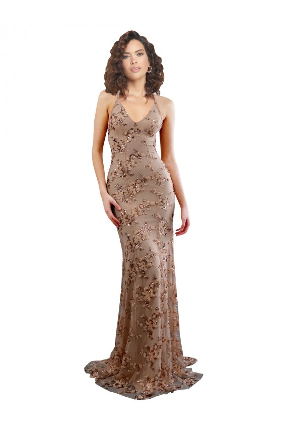 Comprare Oro rosa Stile sirena Alto Collo Crespo Elastico Paillettes Tulle Lunga Formali Abiti da damigella donore / Abiti da sera / Abiti da ballo