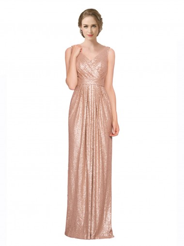 Comprare Oro rosa Tubino Scollatura a V Paillettes Lunga Formali Abiti da damigella donore / Abiti da sera / Abiti da ballo