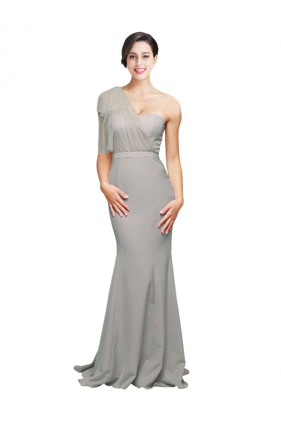 Comprare Ostrica dargento Stile sirena Una spalla Innamorato Sweep treno Crespo Elastico Tulle Lunga Formali Abiti da damigella donore / Abiti da sera / Abiti da ballo