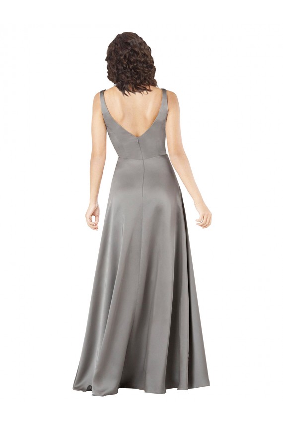 Comprare Pearl Grey Linea A Scollatura a V Raso Setoso Lunga Formali Abiti da damigella donore / Abiti da sera / Abiti da ballo
