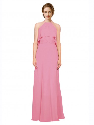 Comprare Pelle rosa Linea A Capestro Alto Collo Chiffona Lunga Abiti da damigella donore