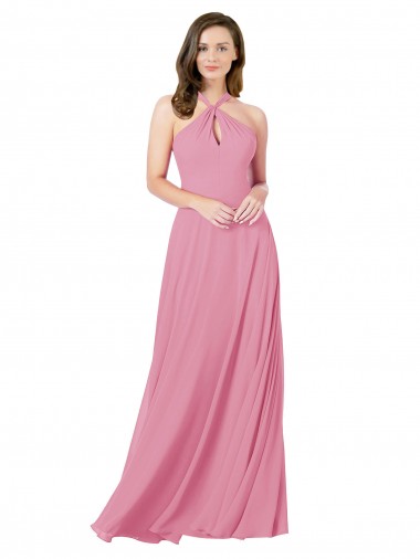 Comprare Pelle rosa Linea A Capestro Chiffona Lunga Abiti da damigella donore / Abiti da ballo