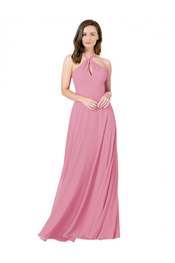 Comprare Pelle rosa Linea A Capestro Chiffona Lunga Abiti da damigella donore / Abiti da ballo