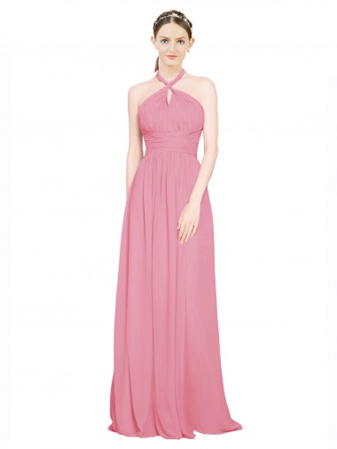 Comprare Pelle rosa Linea A Capestro Scollatura a V Chiffona Lunga Abiti da damigella donore