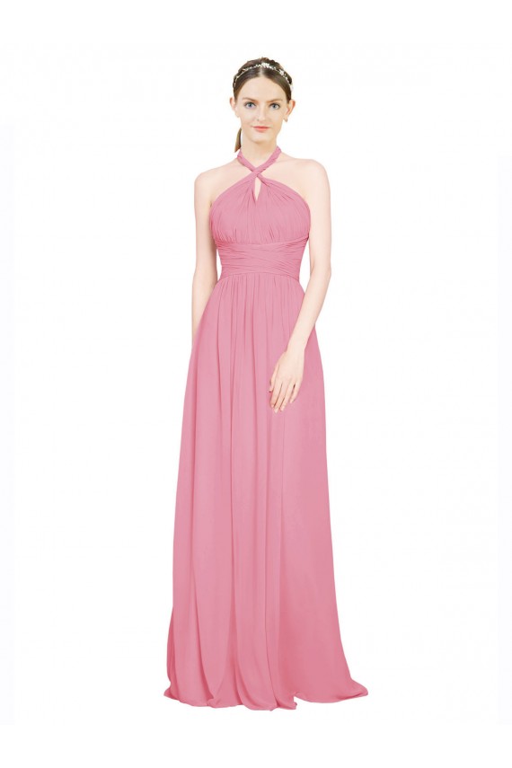 Comprare Pelle rosa Linea A Capestro Scollatura a V Chiffona Lunga Abiti da damigella donore