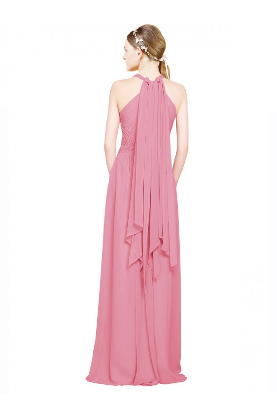 Comprare Pelle rosa Linea A Capestro Scollatura a V Chiffona Lunga Abiti da damigella donore