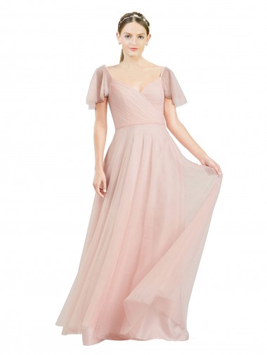 Comprare Rosa Linea A Scollatura a V Tulle Lunga Abiti da damigella donore