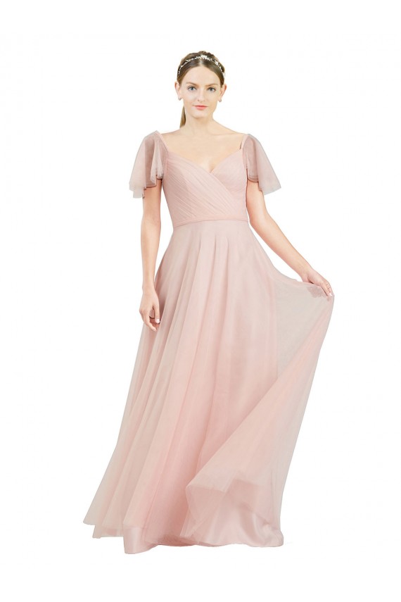 Comprare Rosa Linea A Scollatura a V Tulle Lunga Abiti da damigella donore