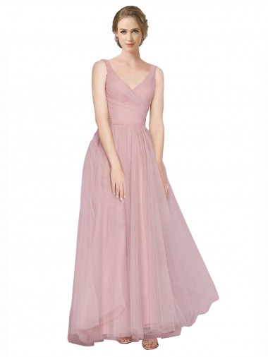Comprare Rosa Linea A Scollatura a V Tulle Lunga Abiti da damigella donore