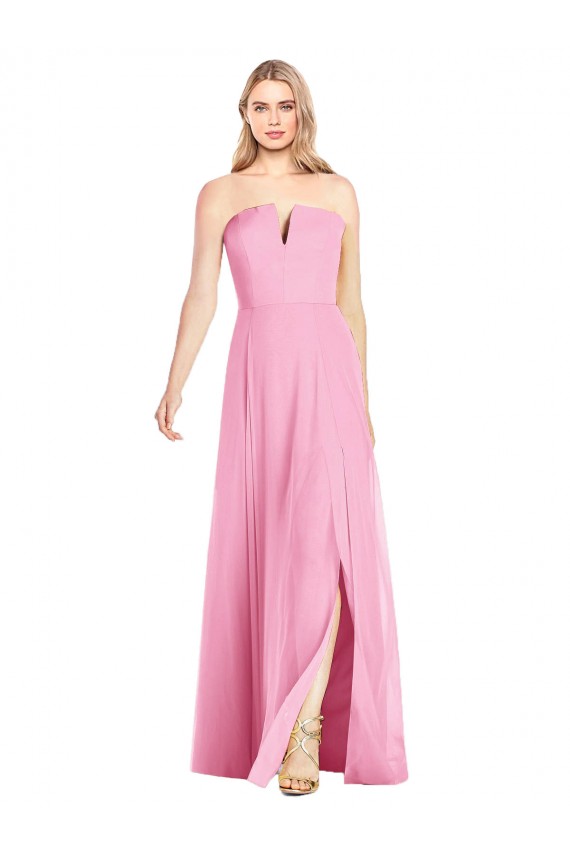 Comprare Rosa caldo Tromba Scollatura a V Senza spalline Chiffona Lunga Abiti da damigella donore
