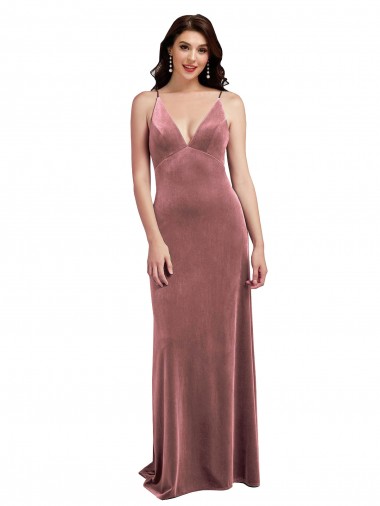 Comprare Rosa cannella Linea A Scollatura a V Velluto Elastico Lunga Formali Abiti da damigella donore / Abiti da sera / Abiti da ballo