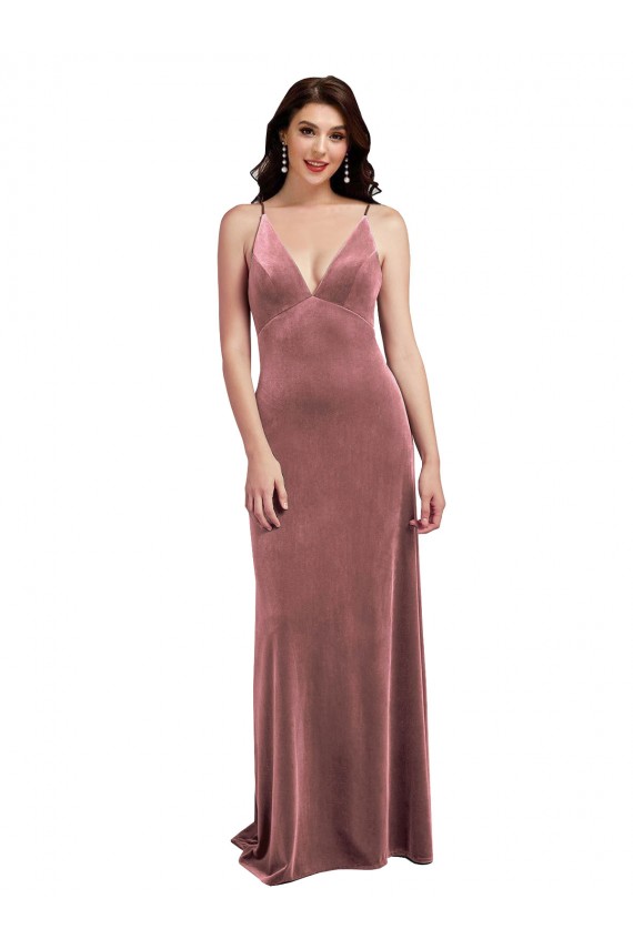 Comprare Rosa cannella Linea A Scollatura a V Velluto Elastico Lunga Formali Abiti da damigella donore / Abiti da sera / Abiti da ballo
