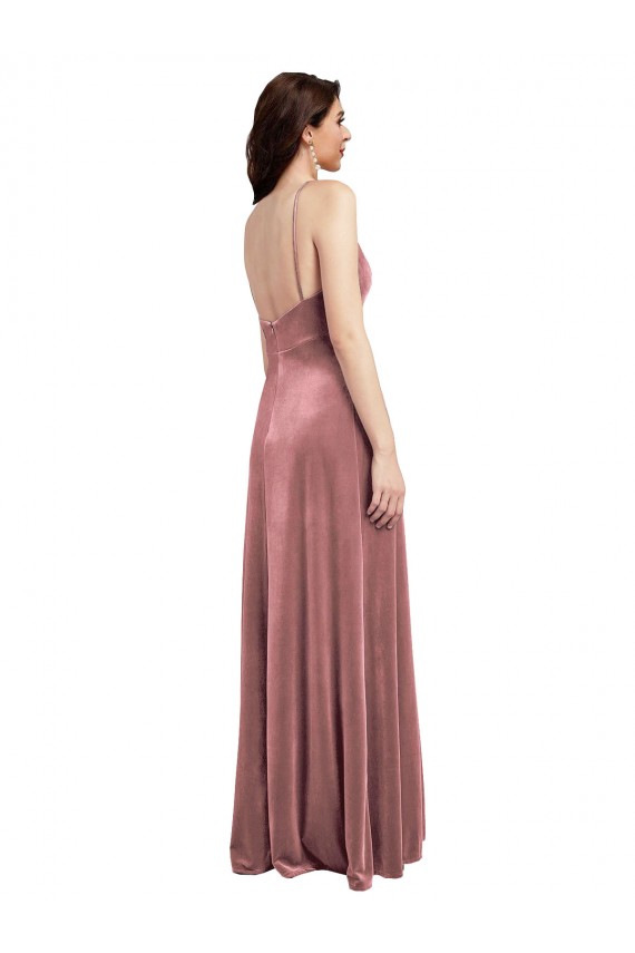 Comprare Rosa cannella Linea A Scollatura a V Velluto Elastico Lunga Formali Abiti da damigella donore / Abiti da sera / Abiti da ballo