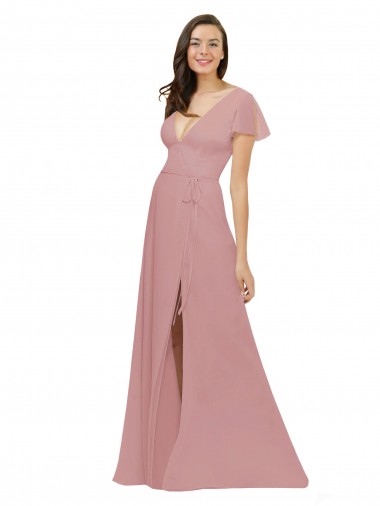 Comprare Rosa polveroso Linea A Scollatura a V Chiffona Lunga Abiti da damigella donore