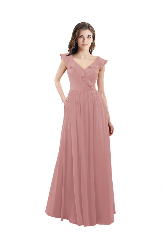 Comprare Rosa polveroso Linea A Scollatura a V Chiffona Lunga Abiti da damigella donore