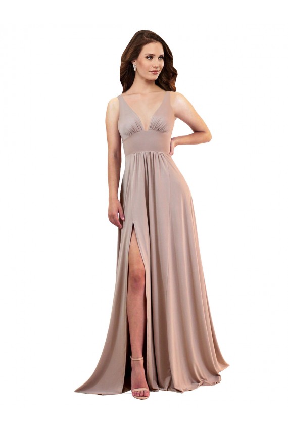 Comprare Rosa polveroso Linea A Scollatura a V Spandex Lunga Formali Abiti da damigella donore / Abiti da sera / Abiti da ballo