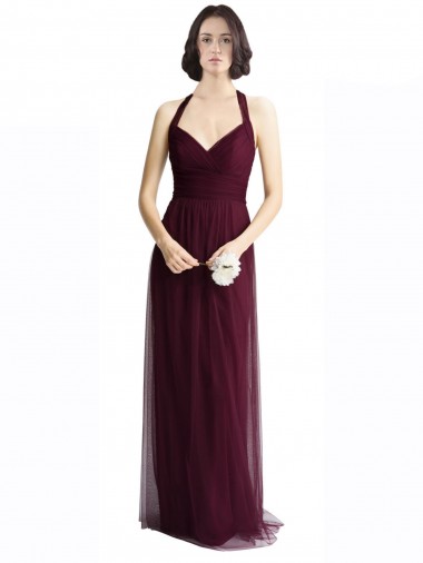 Comprare Rosso 74 Linea A Capestro Scollatura a V Tulle Lunga Abiti da damigella donore