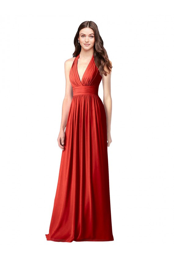 Comprare Rosso Linea A Capestro Scollatura a V Chiffona Lunga Abiti da damigella donore