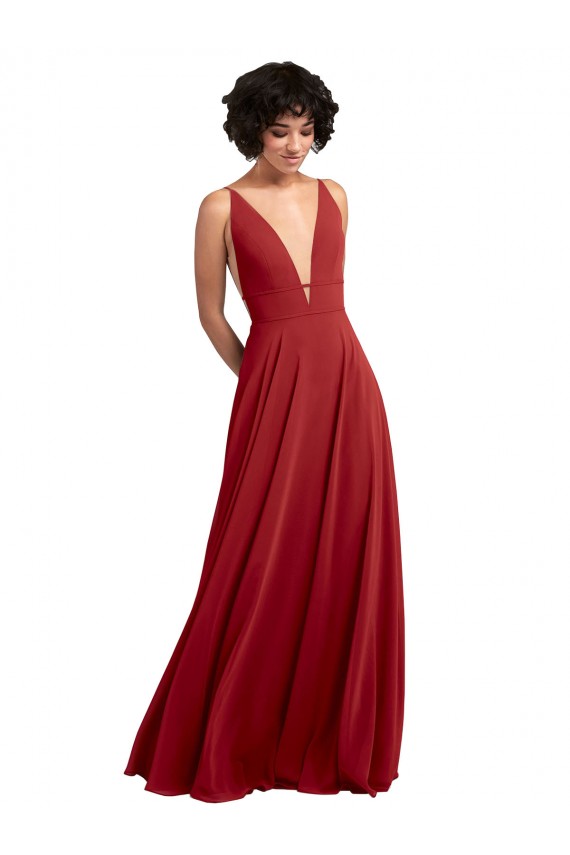 Comprare Rosso Linea A Scollatura a V Chiffona Lunga Abiti da damigella donore