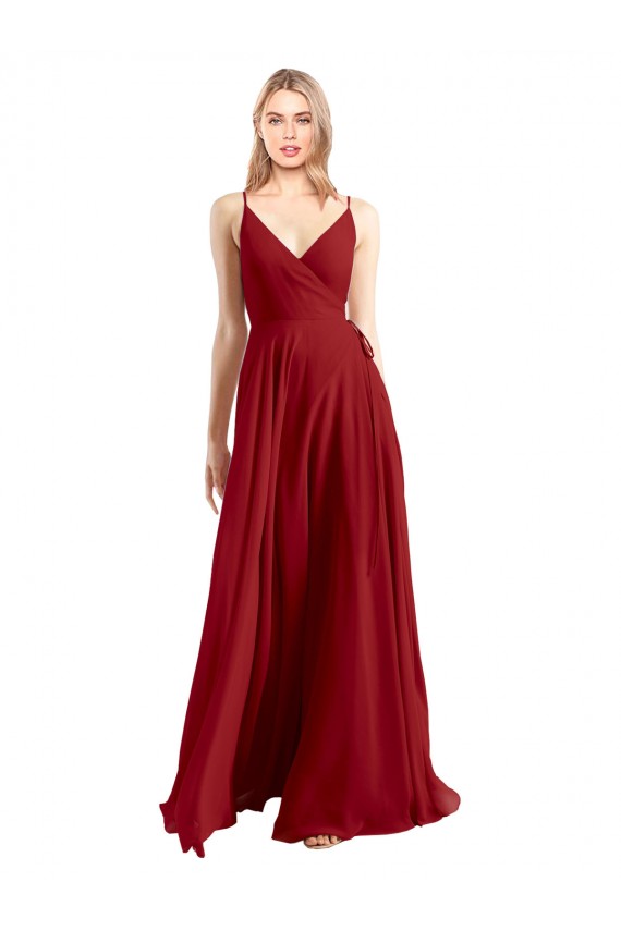 Comprare Rosso Linea A Sottili Scollatura a V Chiffona Lunga Abiti da damigella donore