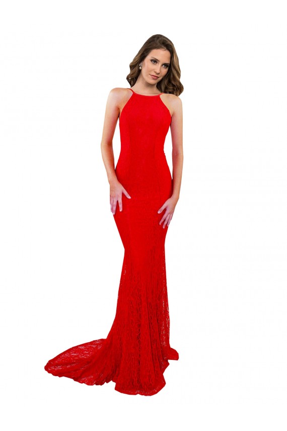 Comprare Rosso Stile sirena Alto Collo Pizzo Lunga Formali Abiti da damigella donore / Abiti da sera / Abiti da ballo