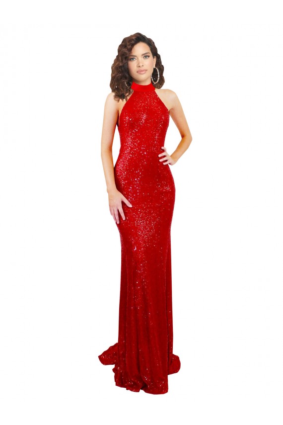 Comprare Rosso Stile sirena Capestro Alto Collo Paillettes Lunga Formali Abiti da damigella donore / Abiti da sera / Abiti da ballo