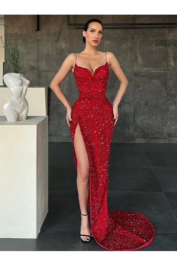 Comprare Rosso Tubino Scollatura a V Sweep treno Paillettes Velluto Lunga Abiti da ballo
