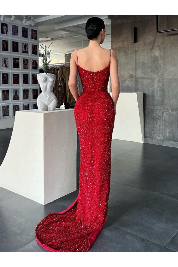 Comprare Rosso Tubino Scollatura a V Sweep treno Paillettes Velluto Lunga Abiti da ballo