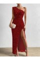 Comprare Rosso Tubino Una spalla Paillettes Velluto Lunga Abiti da ballo