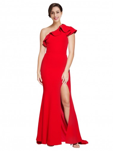 Comprare Rosso Tubino Una spalla Sweep treno Crespo Elastico Lunga Abiti da damigella donore / Abiti da ballo