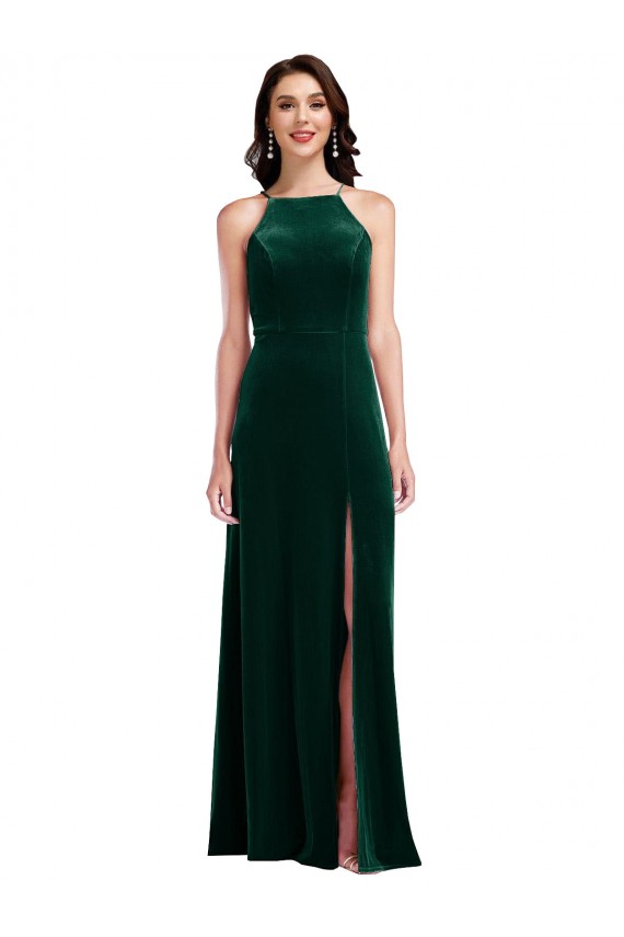 Comprare Verde Scuro Linea A Capestro Alto Collo Velluto Elastico Lunga Abiti da damigella donore / Abiti da ballo