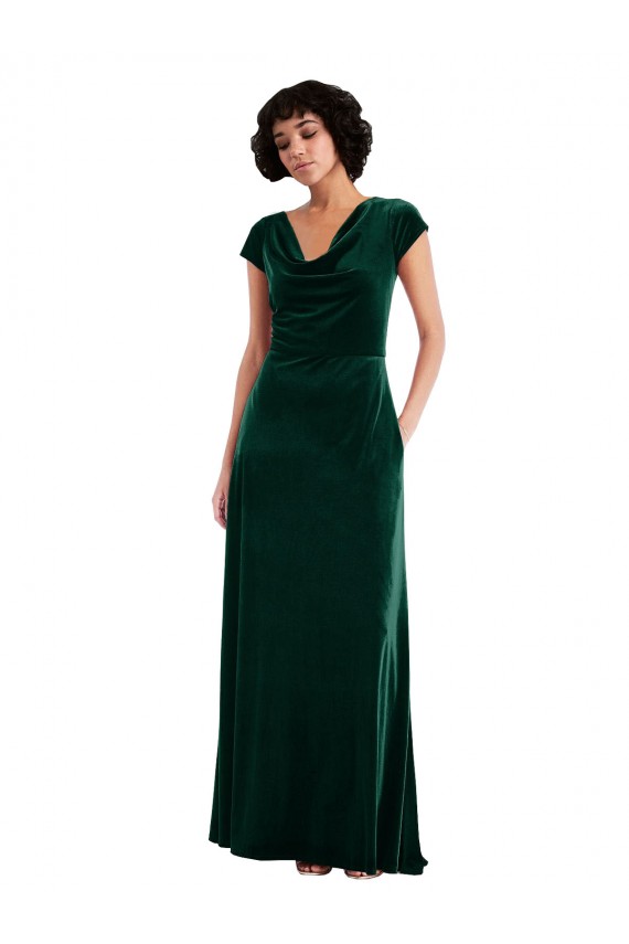 Comprare Verde Scuro Linea A Cappuccio Velluto Elastico Lunga Abiti da damigella donore / Abiti da ballo