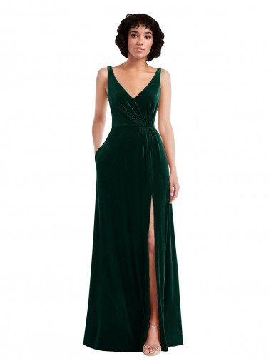 Comprare Verde Scuro Linea A Scollatura a V Velluto Elastico Lunga Abiti da damigella donore / Abiti da ballo