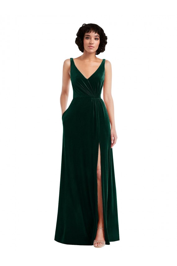 Comprare Verde Scuro Linea A Scollatura a V Velluto Elastico Lunga Abiti da damigella donore / Abiti da ballo