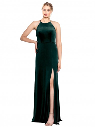 Comprare Verde Scuro Linea A Sottili Collo Gioiello Velluto Elastico Lunga Abiti da damigella donore / Abiti da ballo