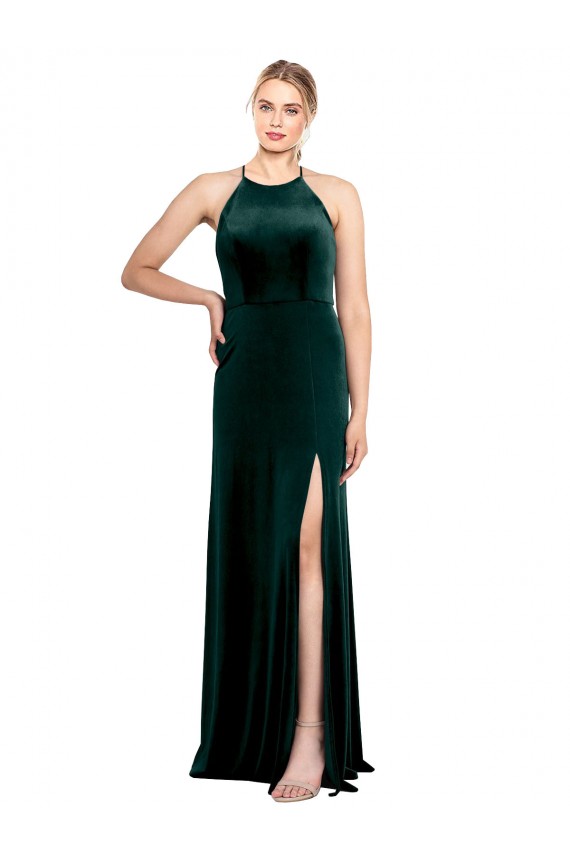 Comprare Verde Scuro Linea A Sottili Collo Gioiello Velluto Elastico Lunga Abiti da damigella donore / Abiti da ballo